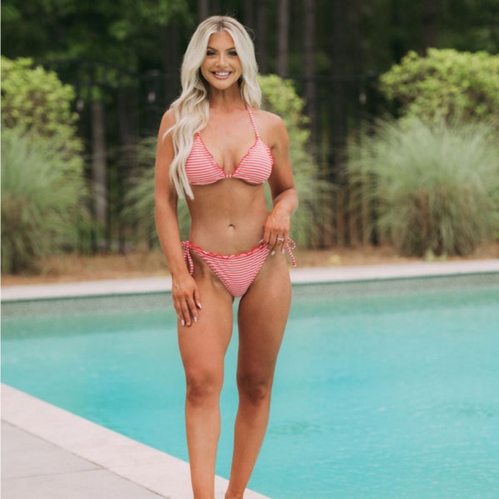 These Three Boutique Frill Striped Bikini- Red/White
